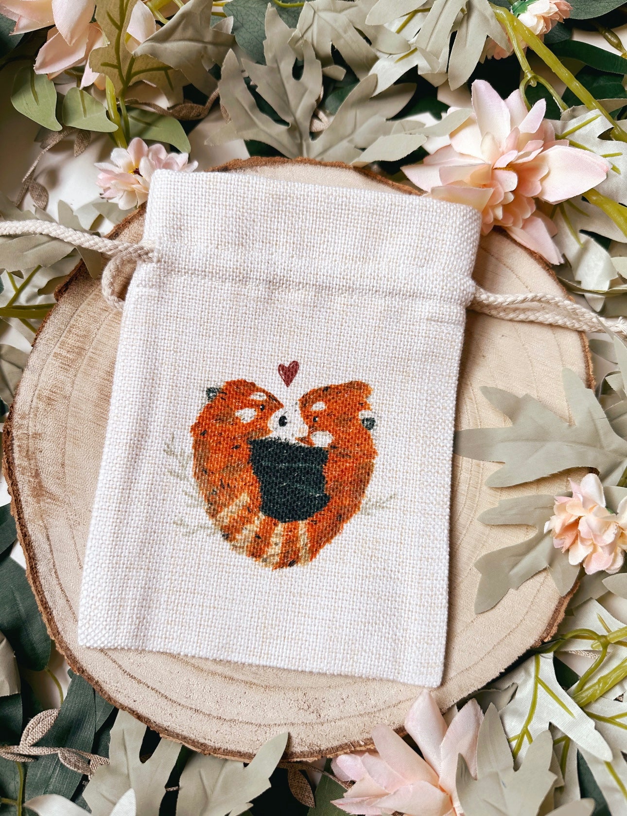 Red Panda Heart Drawstring Bag