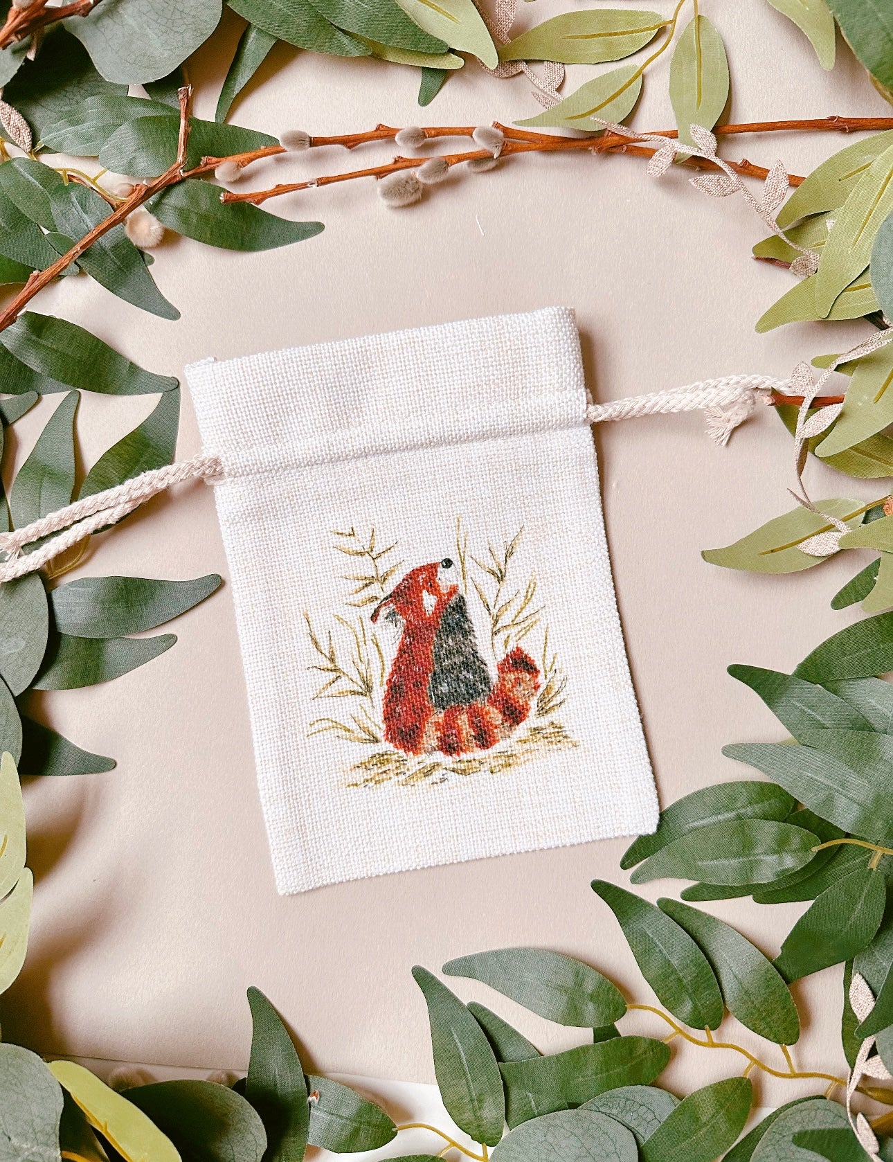 Red Panda Foliage Drawstring Bag