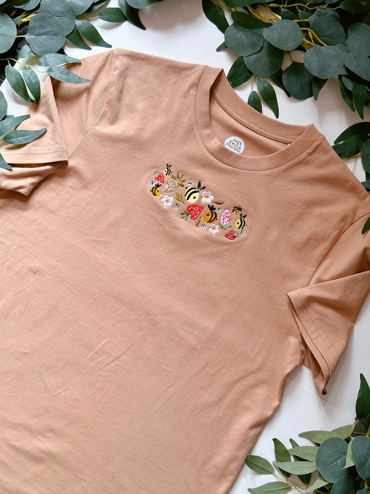 Strawberry Bee Embroidered T-Shirt - Organic Cotton