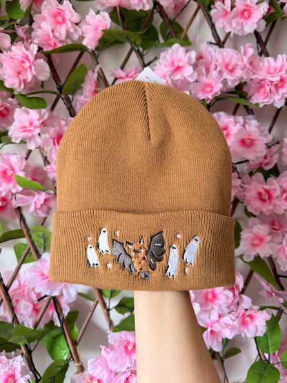 Bat Ghost Embroidered Beanie - Caramel