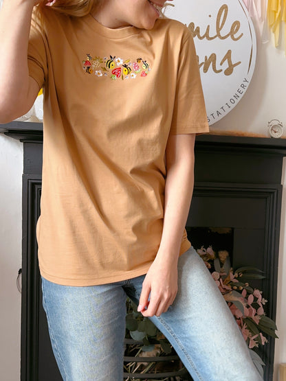 Strawberry Bee Embroidered T-Shirt - Organic Cotton