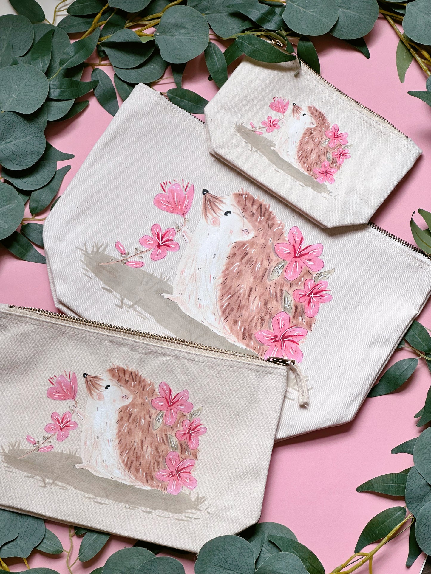 Pink Sakura Hedgehog Zip Bag