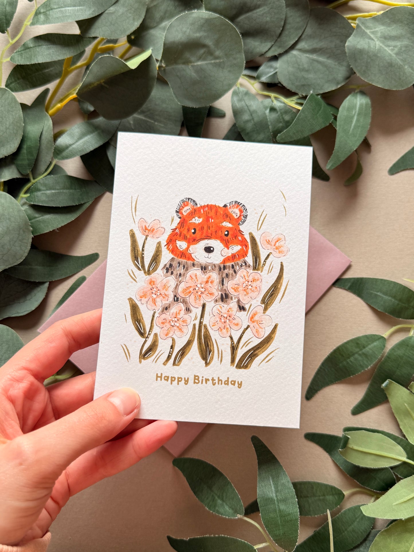 Red Panda Pansy Birthday Card