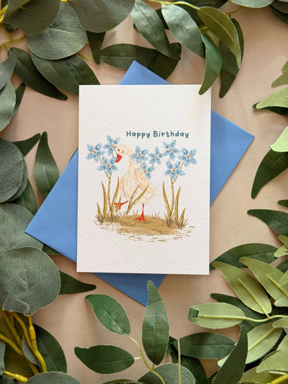 Blue Flower Duck Birthday Card