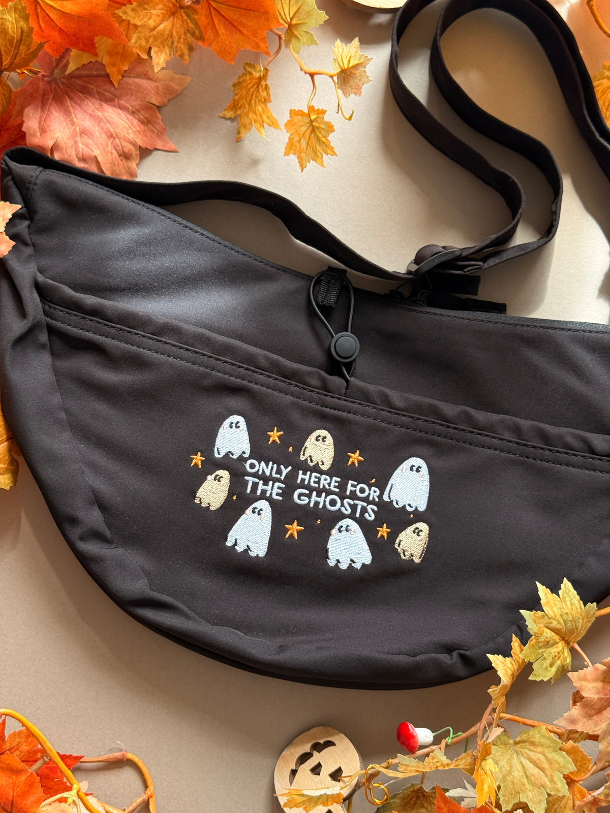 Only Here For The Ghosts Embroidered Crossbody Bag