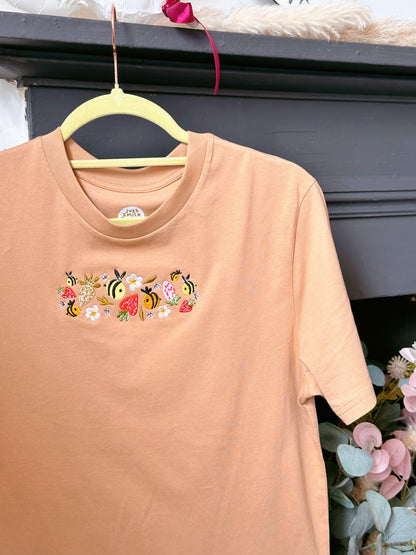 Strawberry Bee Embroidered T-Shirt - Organic Cotton