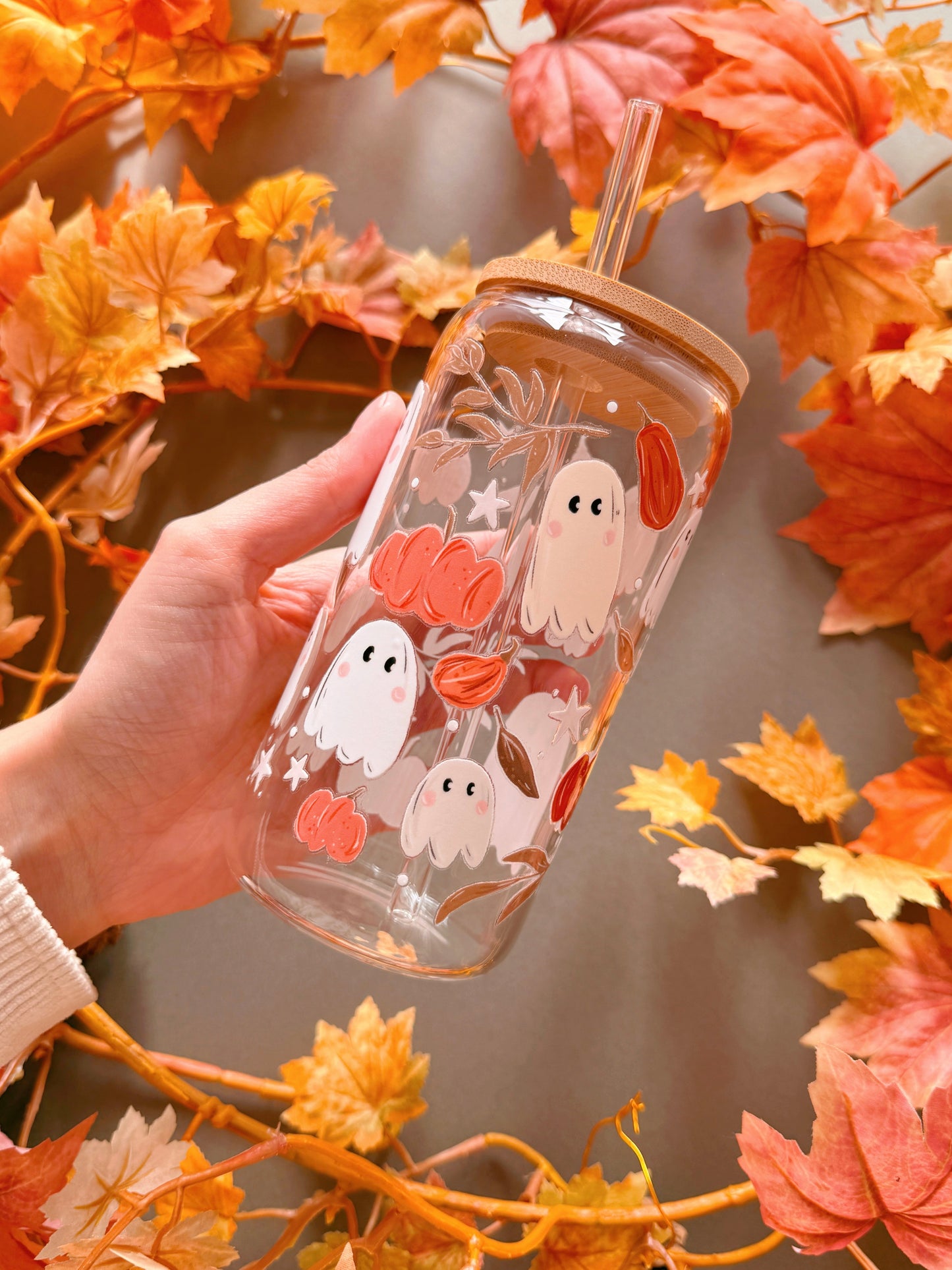 Pumpkin Ghost Glass Tumbler