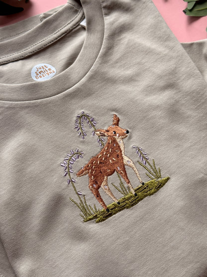 Spring Deer Embroidered T-Shirt - Organic Cotton