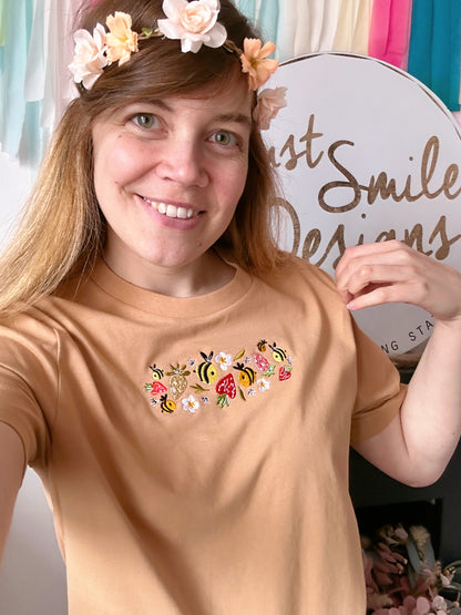 Strawberry Bee Embroidered T-Shirt - Organic Cotton