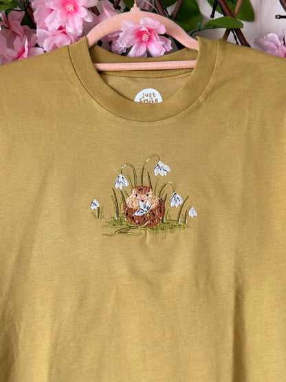 Snowdrop Hedgehog Embroidered T-Shirt - Organic Cotton
