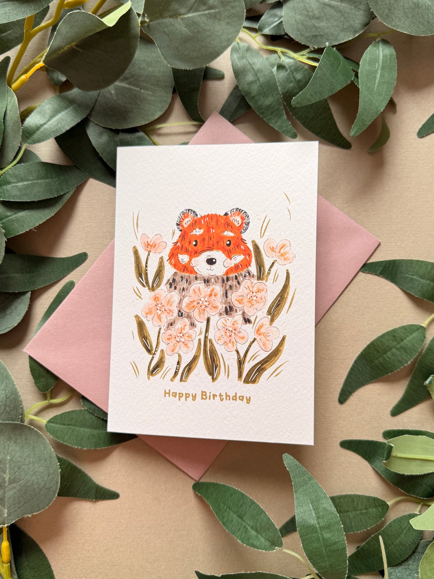 Red Panda Pansy Birthday Card