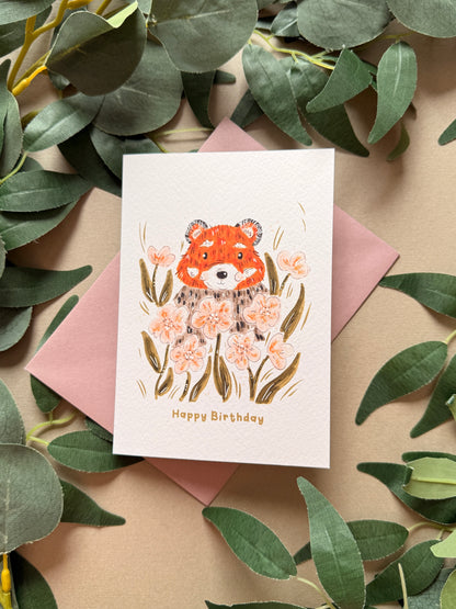 Red Panda Pansy Birthday Card