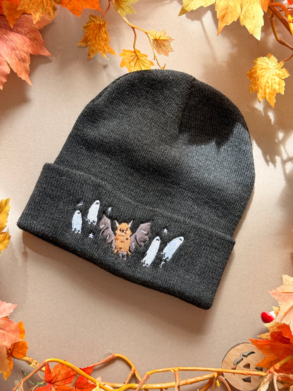 Bat Ghost Embroidered Beanie - Charcoal