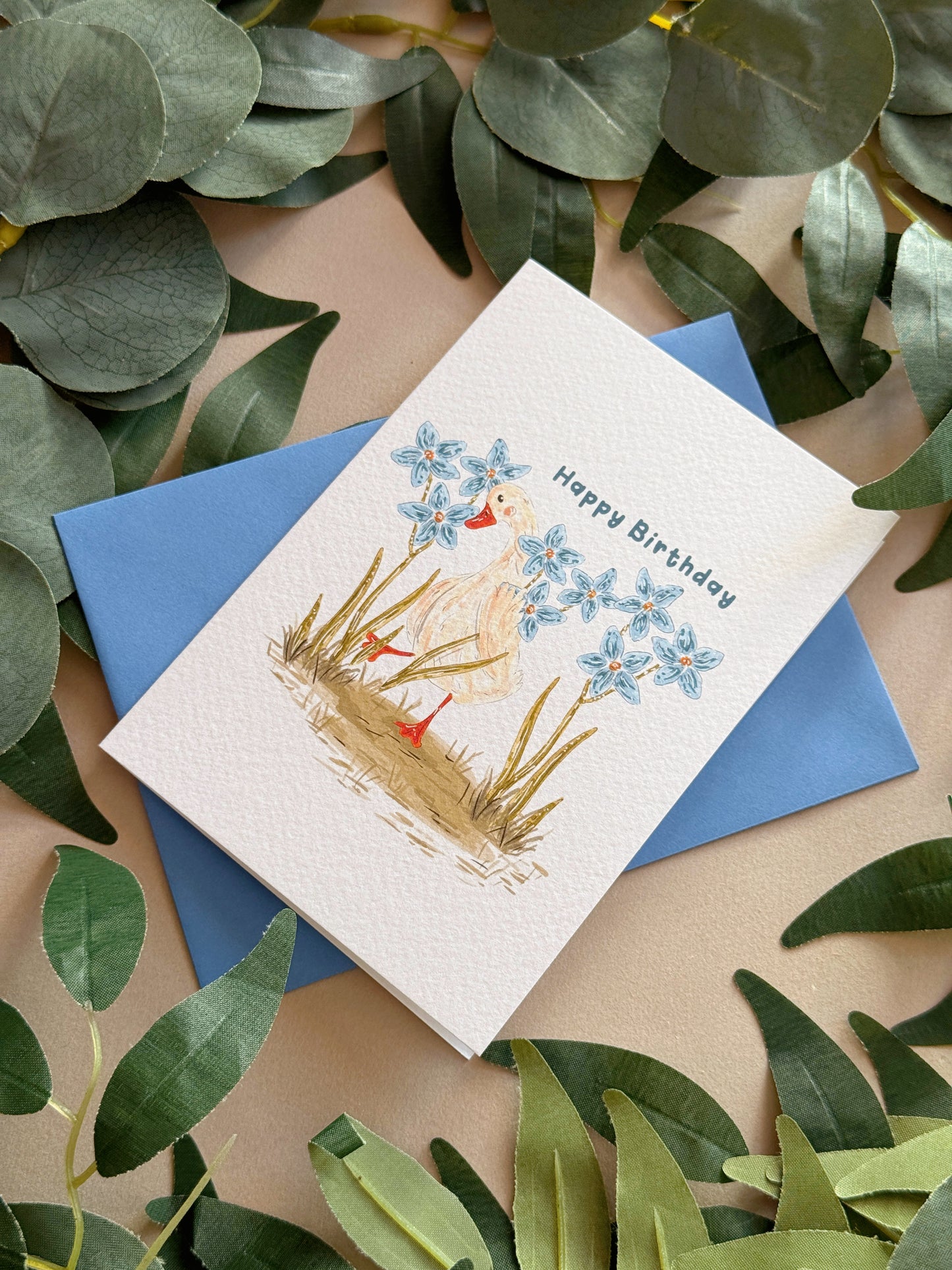 Blue Flower Duck Birthday Card