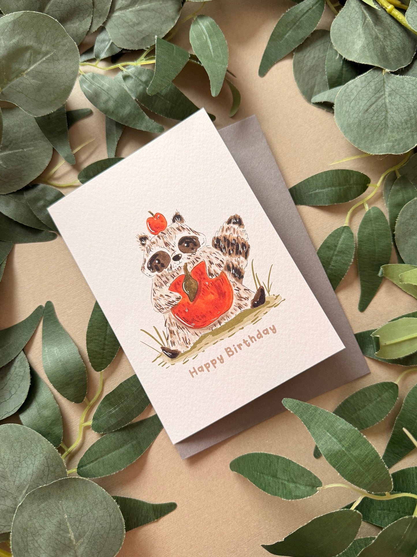 Raccoon Apple Birthday Card