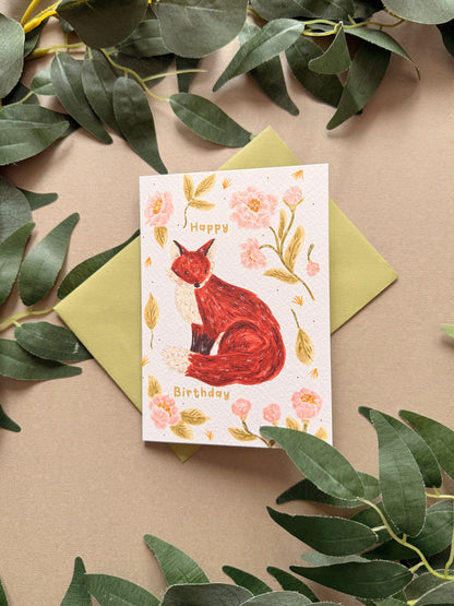 Peony Fox Birthday Card