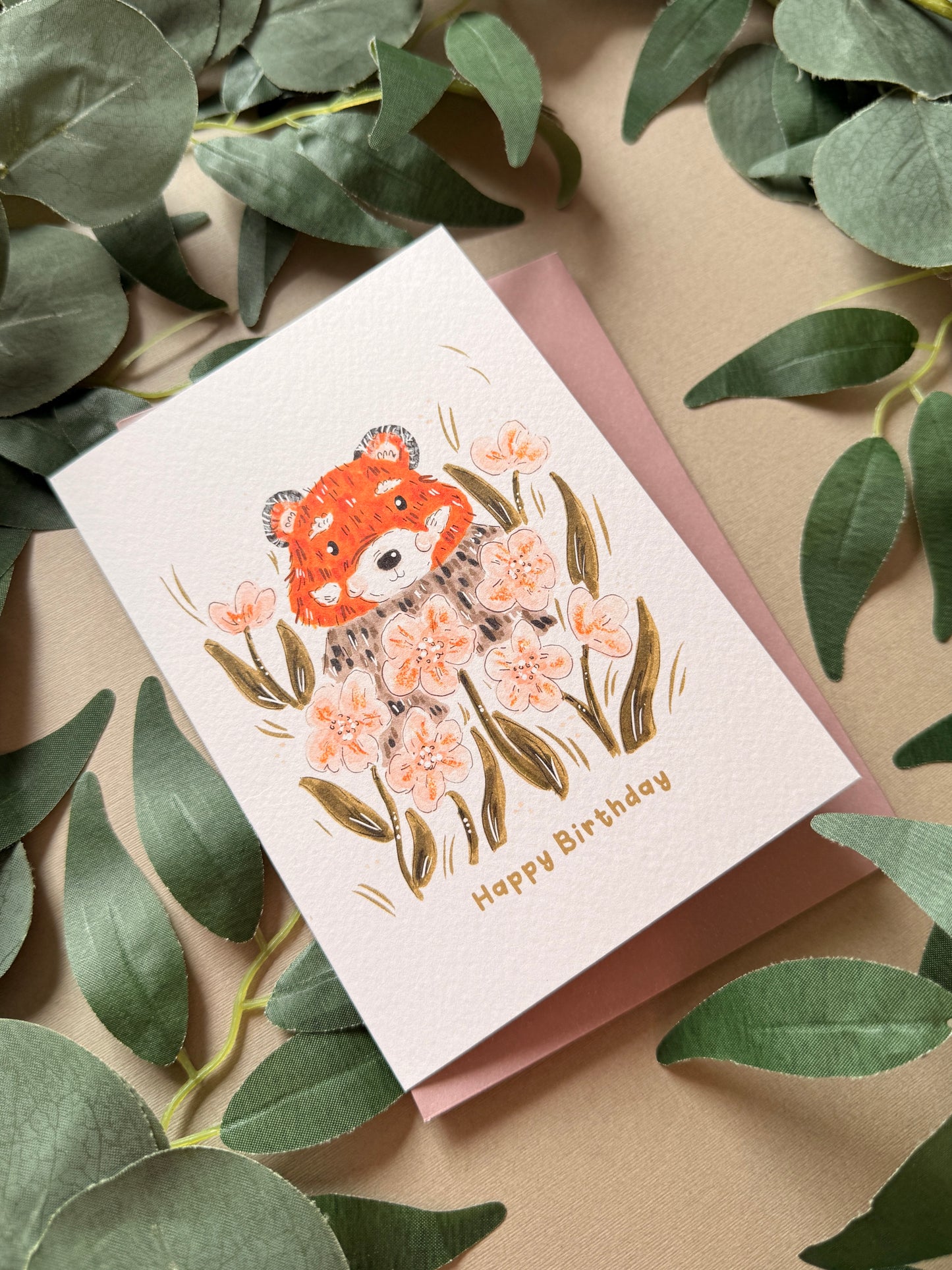 Red Panda Pansy Birthday Card
