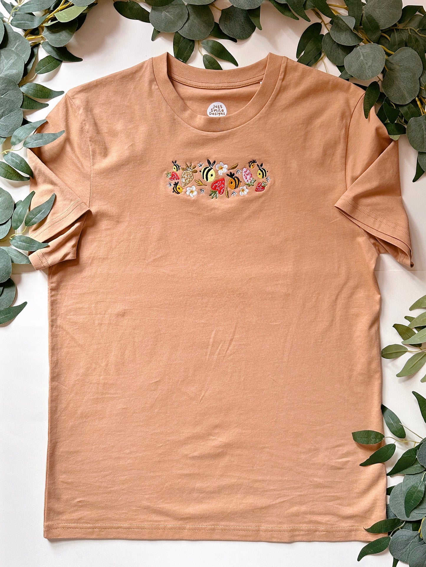 Strawberry Bee Embroidered T-Shirt - Organic Cotton