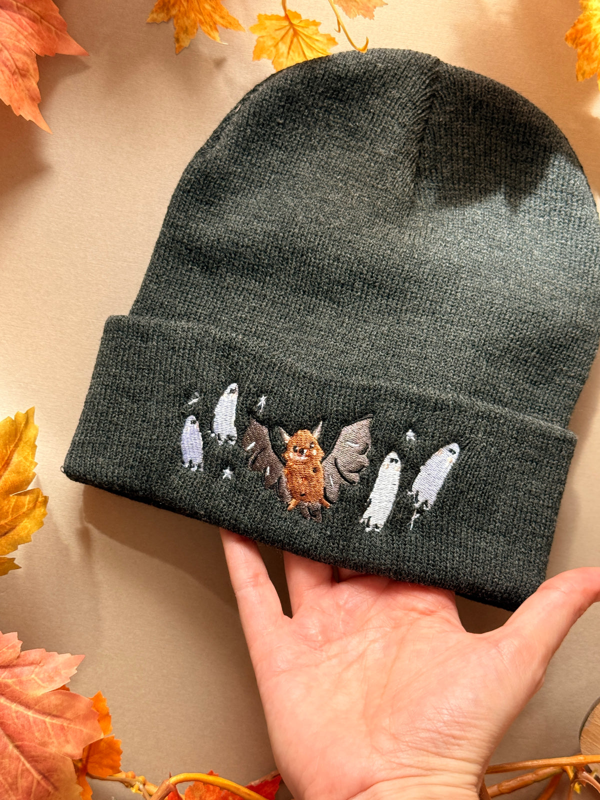 Bat Ghost Embroidered Beanie - Charcoal