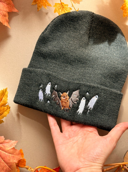 Bat Ghost Embroidered Beanie - Charcoal