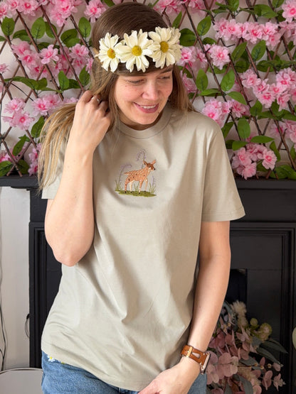 Spring Deer Embroidered T-Shirt - Organic Cotton