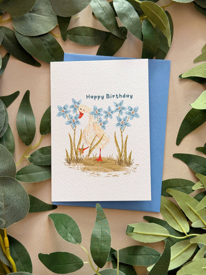 Blue Flower Duck Birthday Card