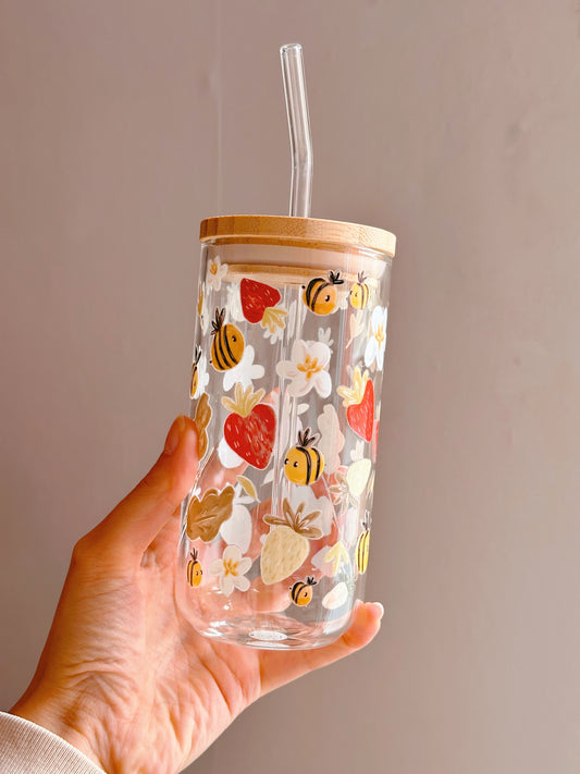 Strawberry Bee Glass Tumbler