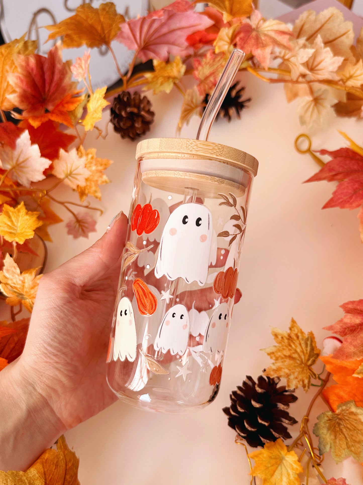 Pumpkin Ghost Glass Tumbler