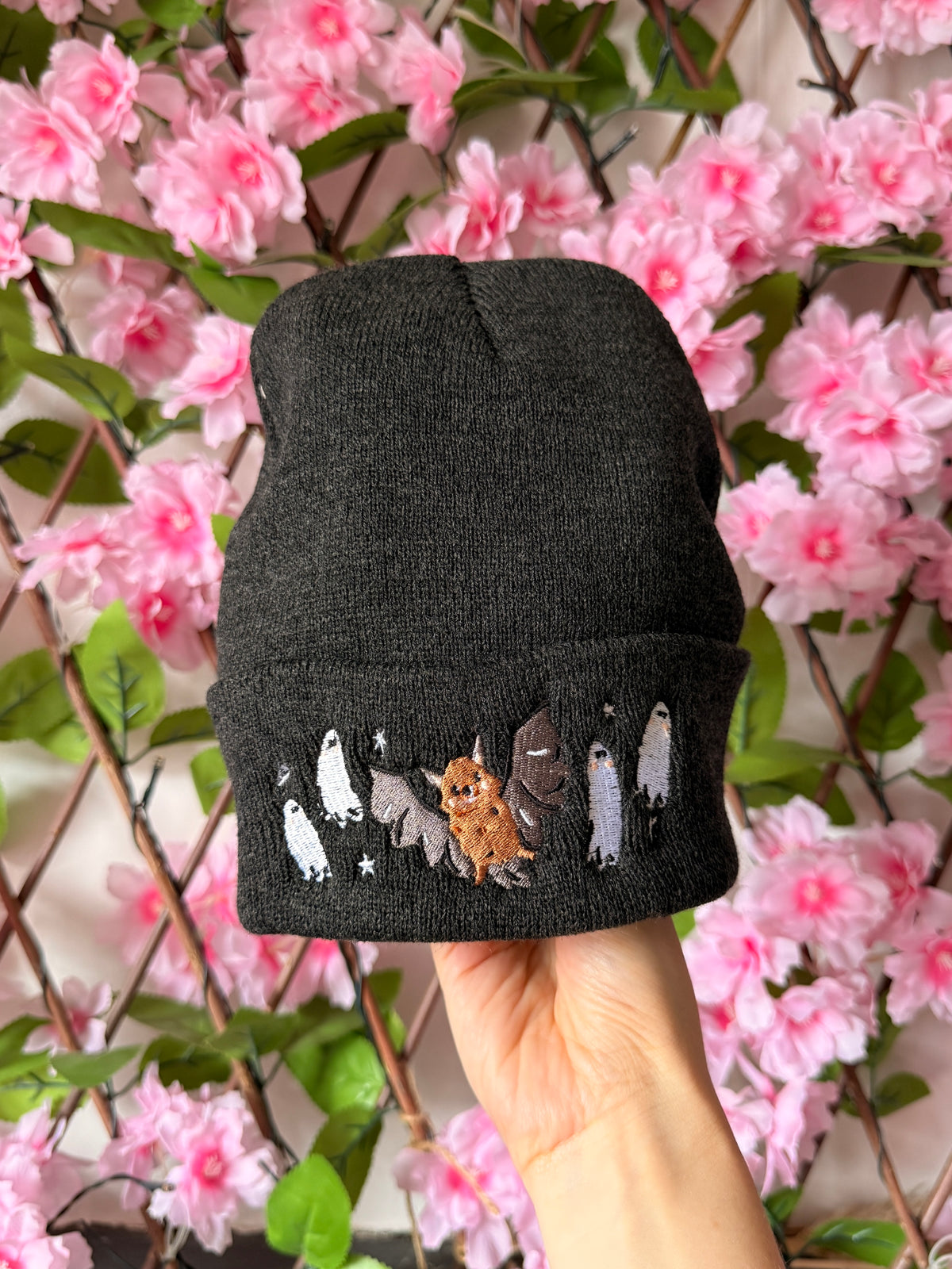Bat Ghost Embroidered Beanie - Charcoal