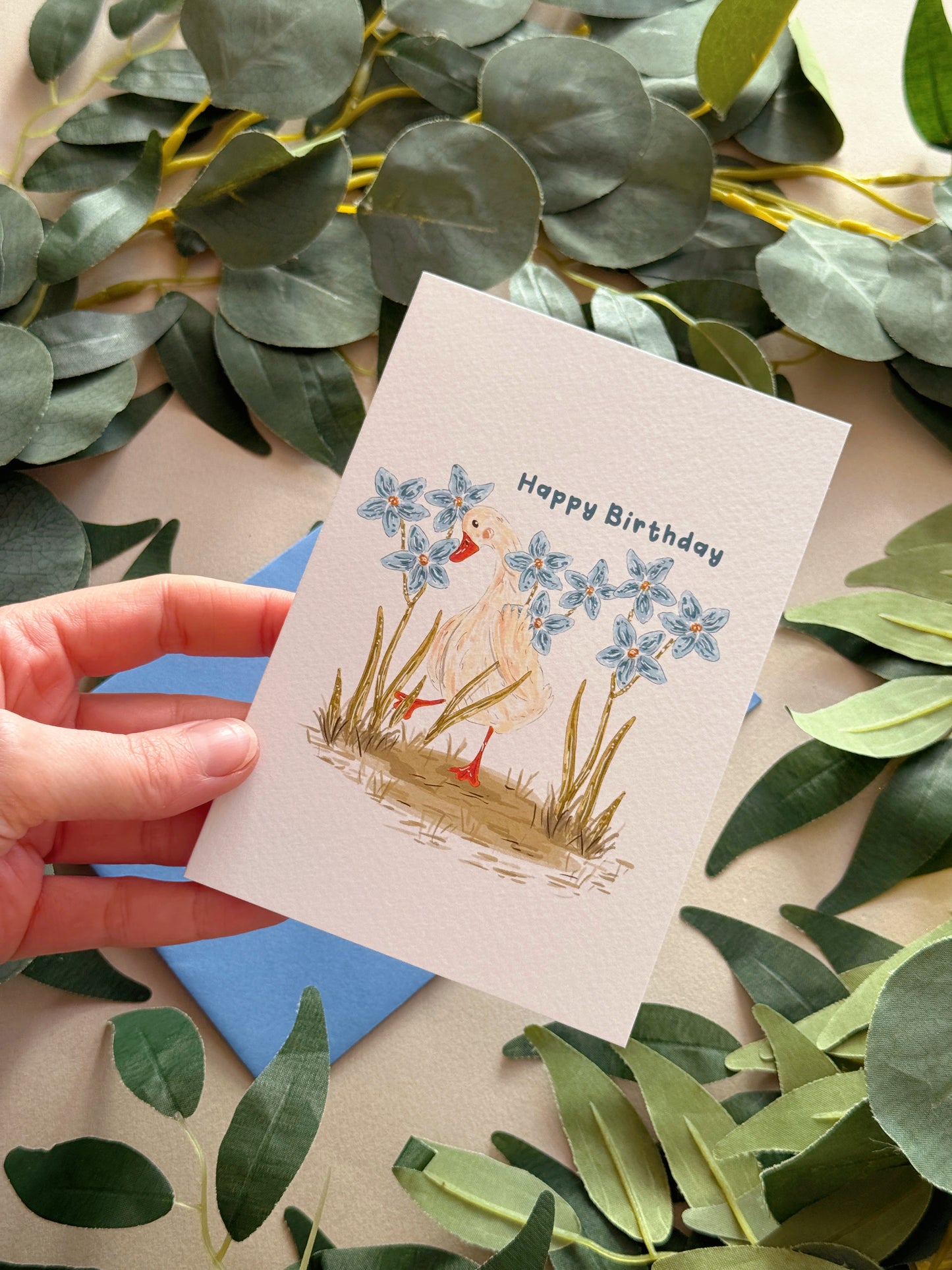 Blue Flower Duck Birthday Card