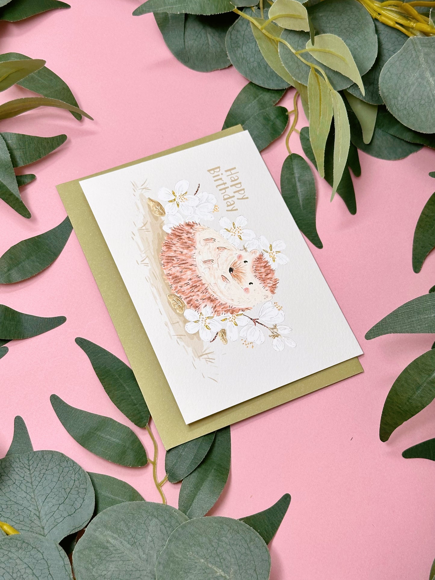 White Sakura Hedgehog Birthday Card