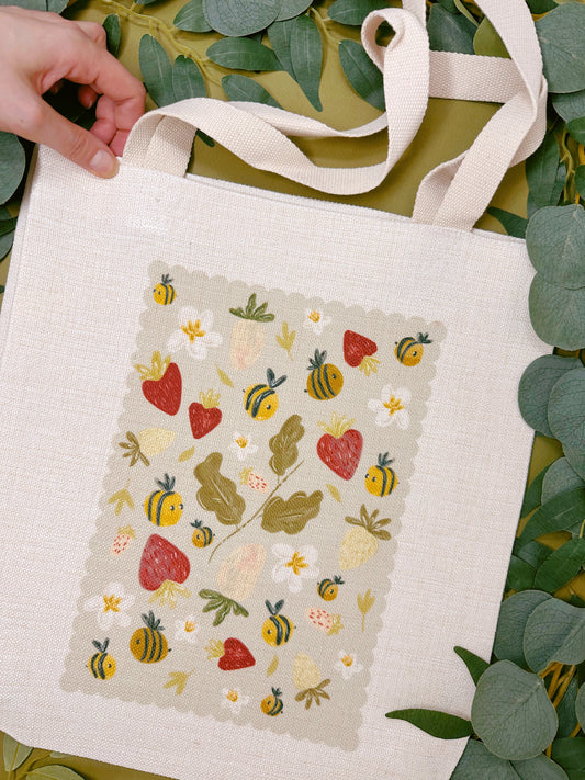 Strawberry Bee Linen Tote Bag