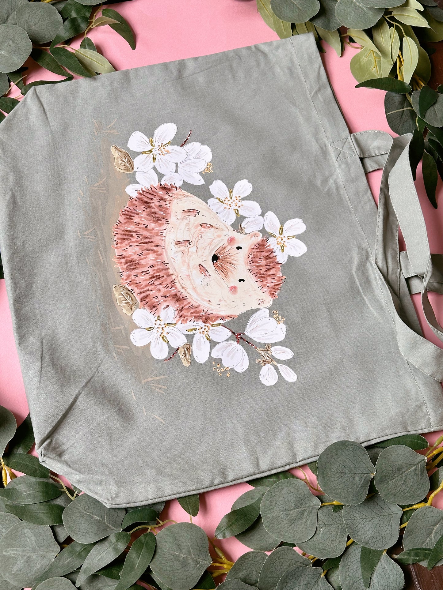 White Sakura Hedgehog Maxi Tote Bag - Organic Cotton