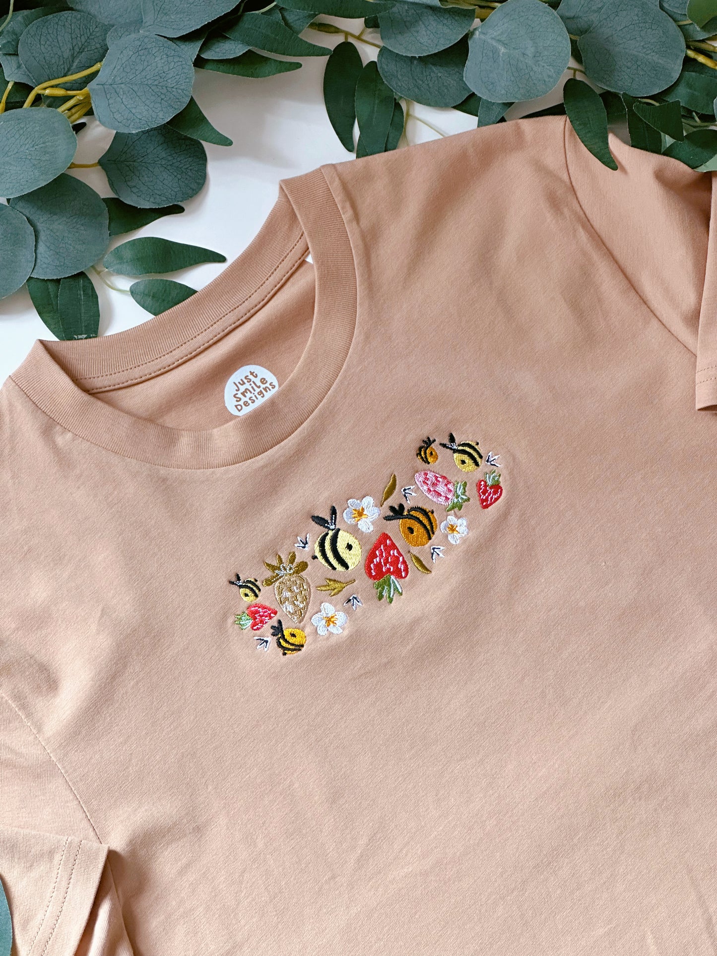 Strawberry Bee Embroidered T-Shirt - Organic Cotton