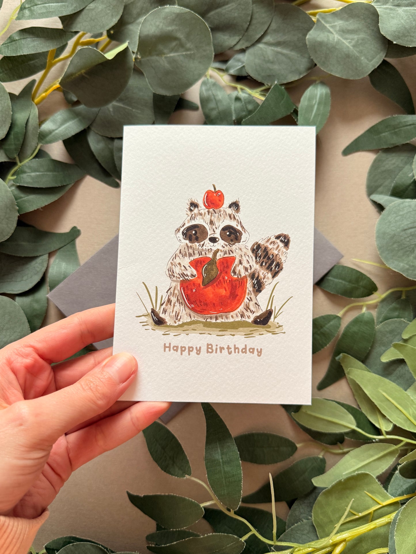 Raccoon Apple Birthday Card