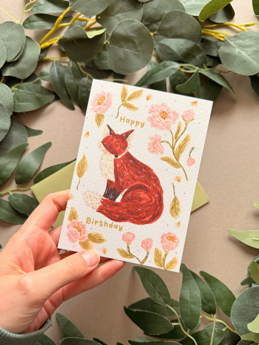 Peony Fox Birthday Card