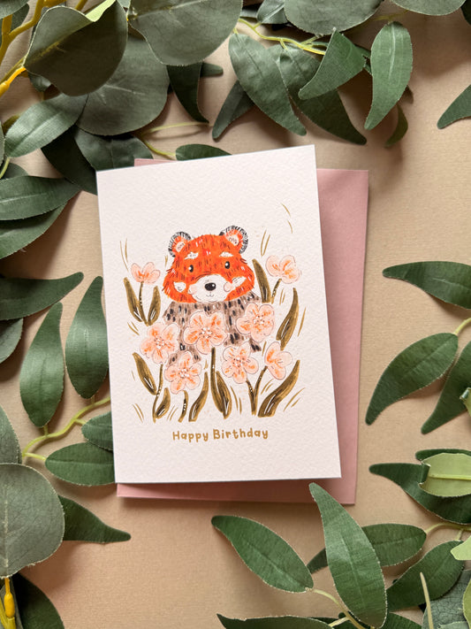 Red Panda Pansy Birthday Card
