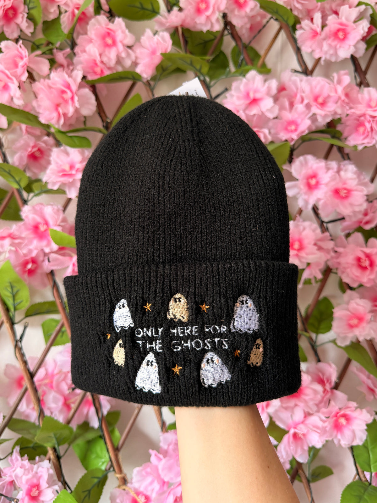 Only Here For The Ghosts Embroidered Beanie - Chunky Knit