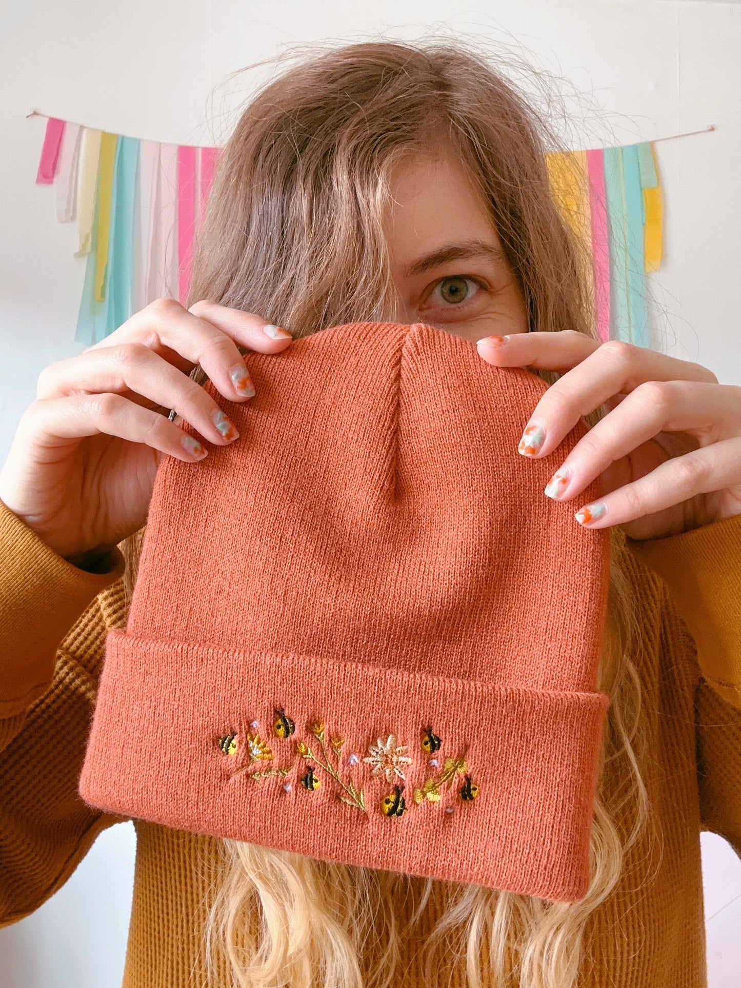 Autumnal Bee Embroidered Beanie