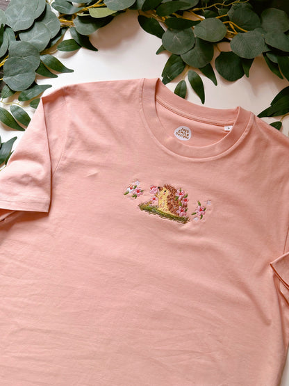 Sakura Hedgehog Embroidered T-Shirt - Organic Cotton