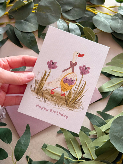 Duck Purple Flower Birthday Card