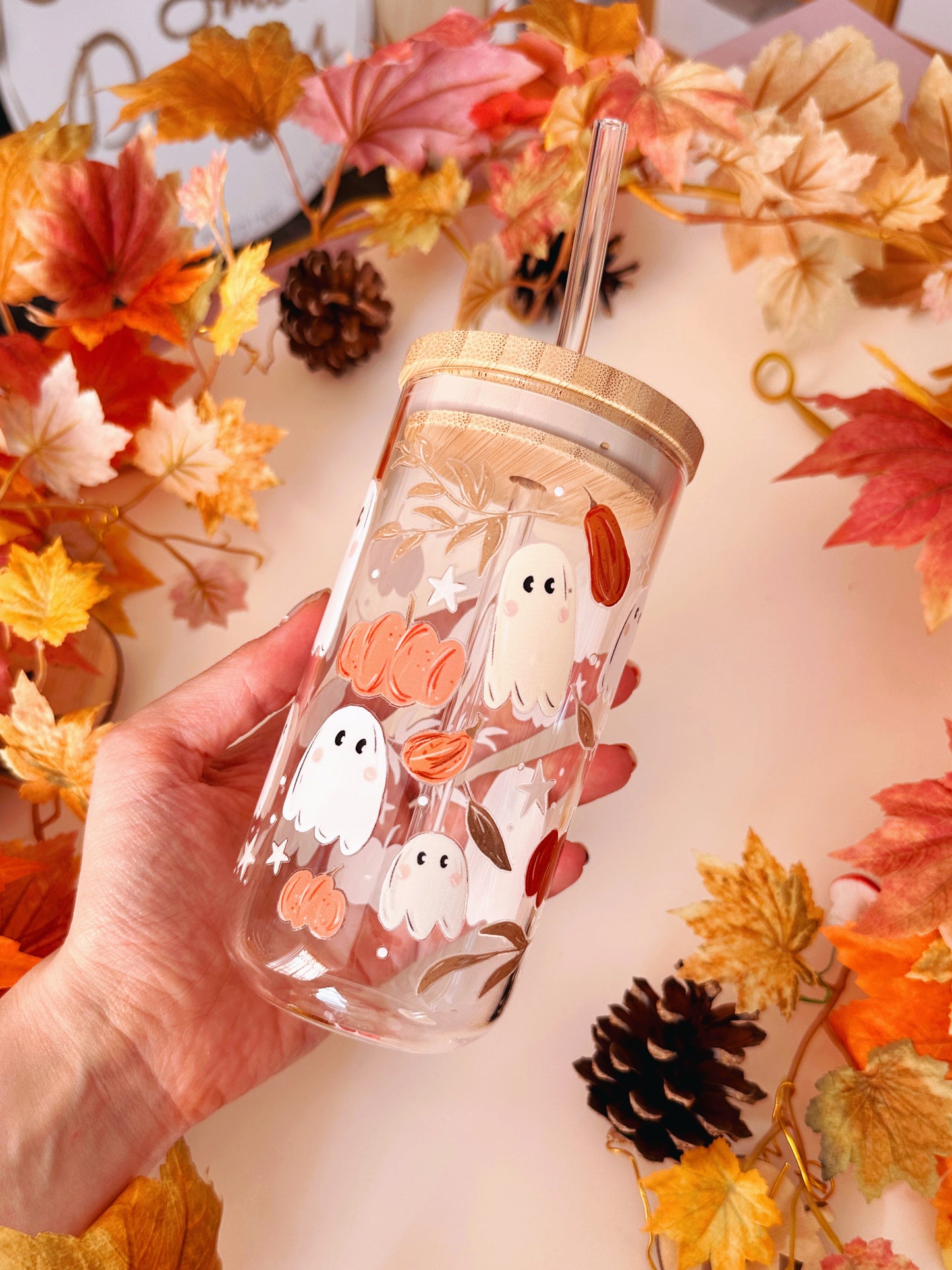 Pumpkin Ghost Glass Tumbler