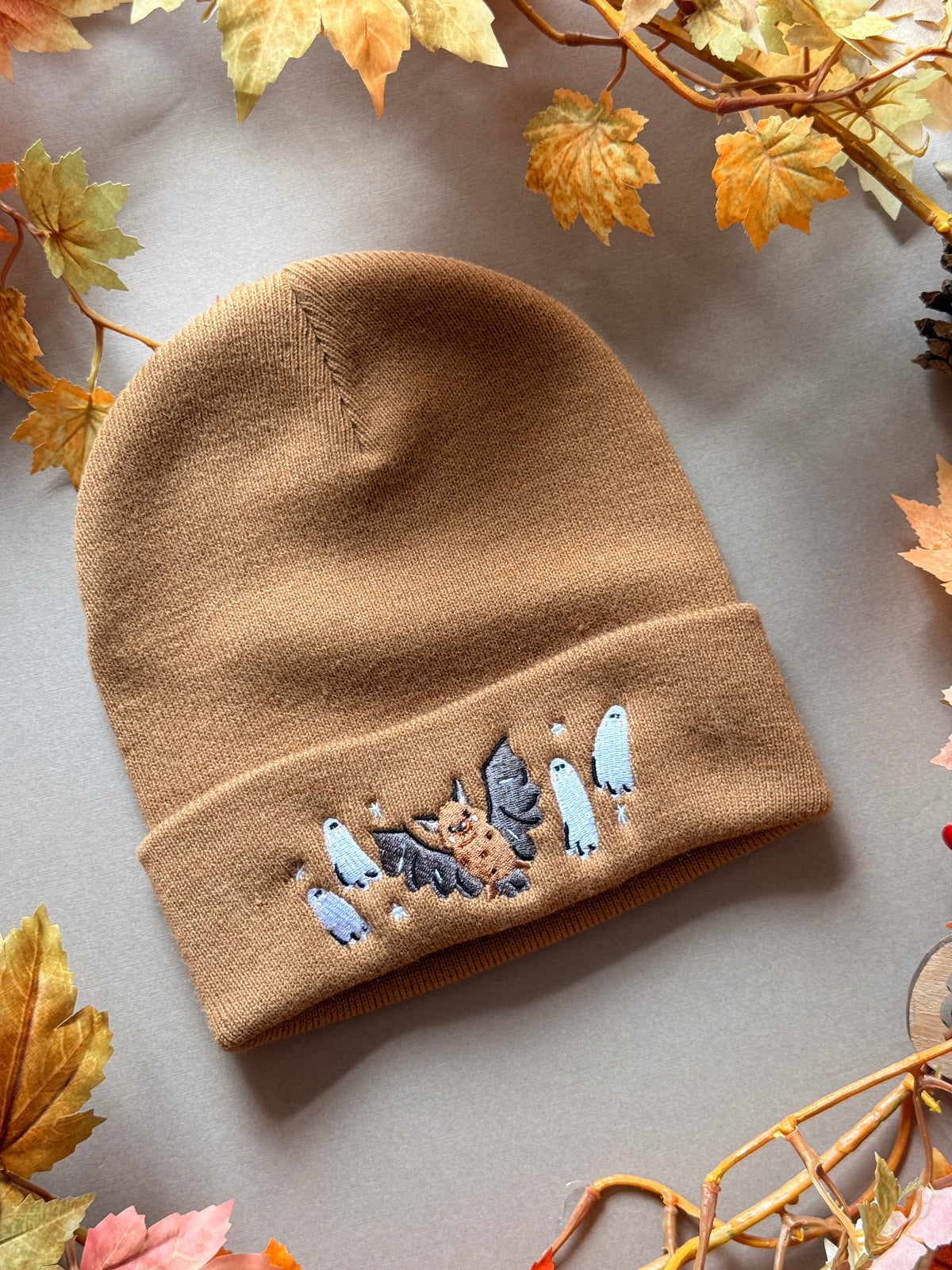 Bat Ghost Embroidered Beanie - Caramel
