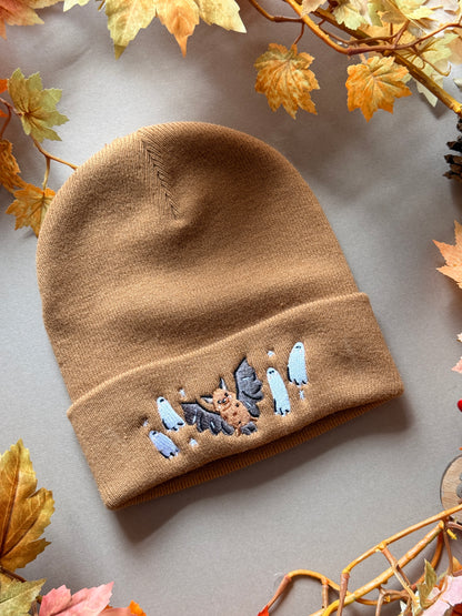 Bat Ghost Embroidered Beanie - Caramel
