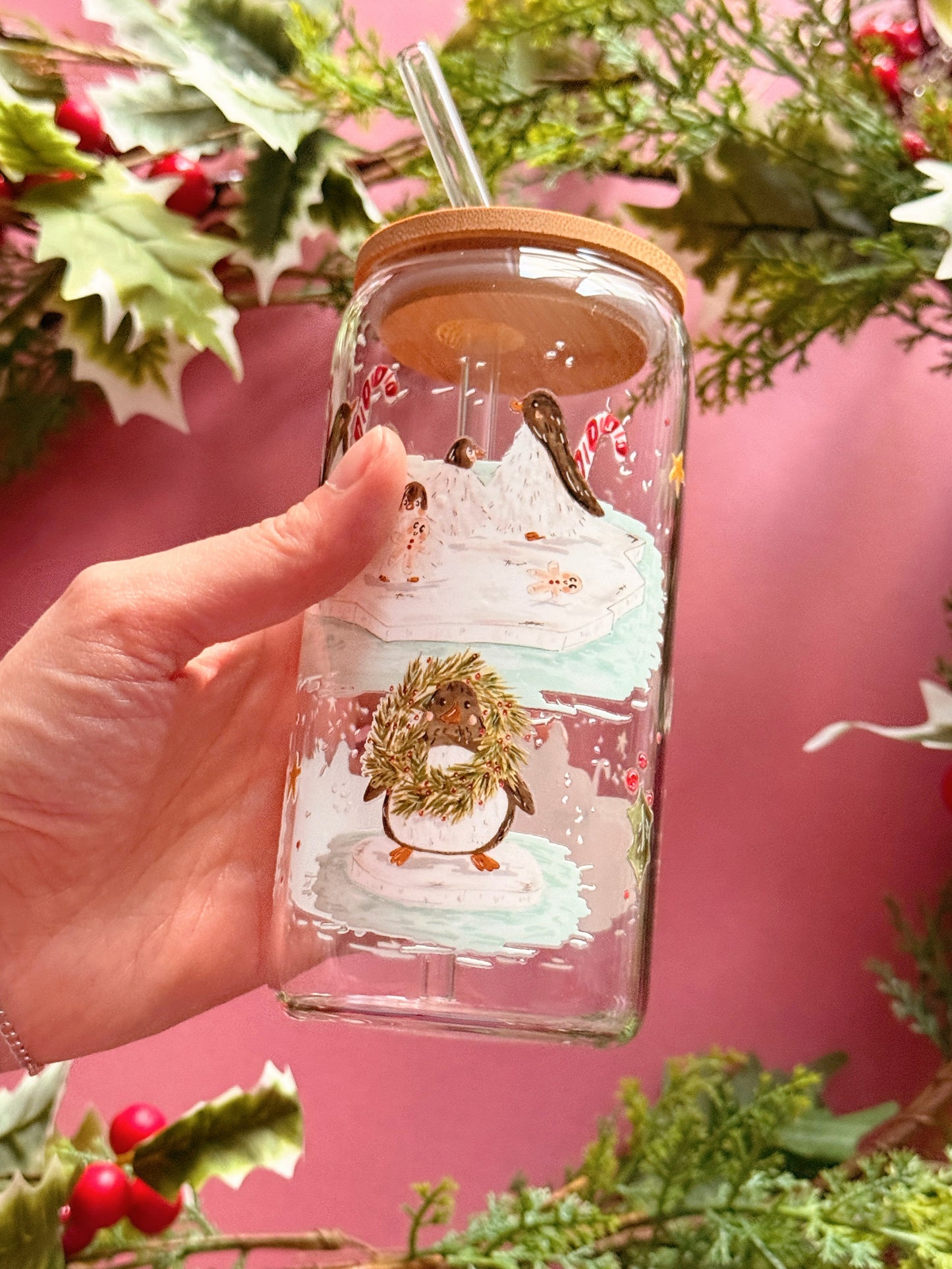 Christmas Penguin Glass Tumbler