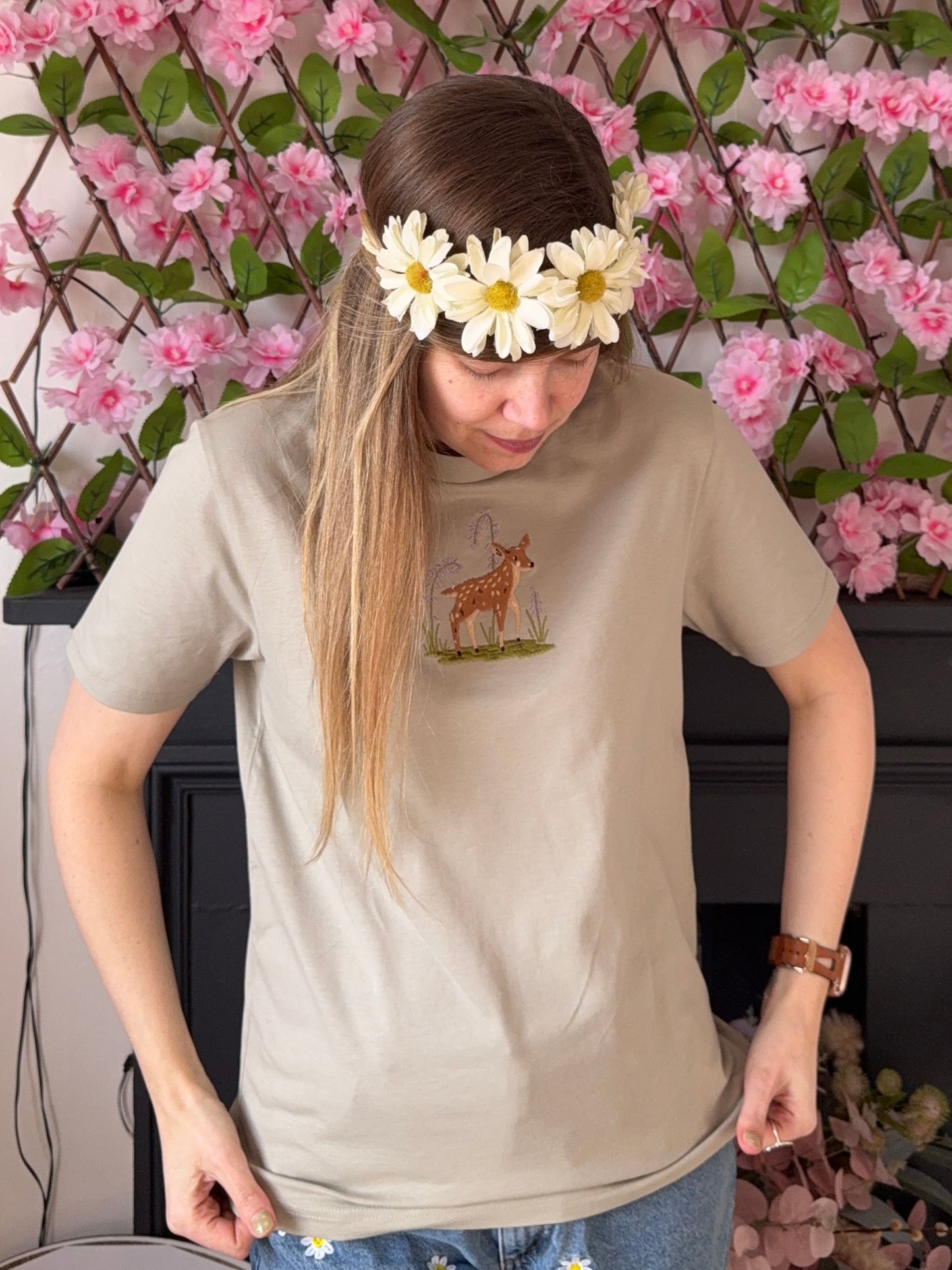 Spring Deer Embroidered T-Shirt - Organic Cotton