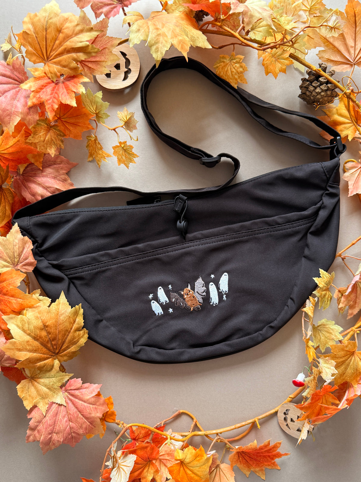 Bat Ghost Embroidered Crossbody Bag