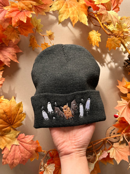 Bat Ghost Embroidered Beanie - Charcoal