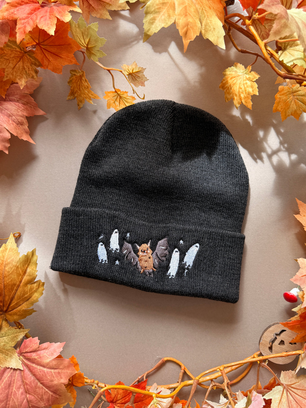 Bat Ghost Embroidered Beanie - Charcoal
