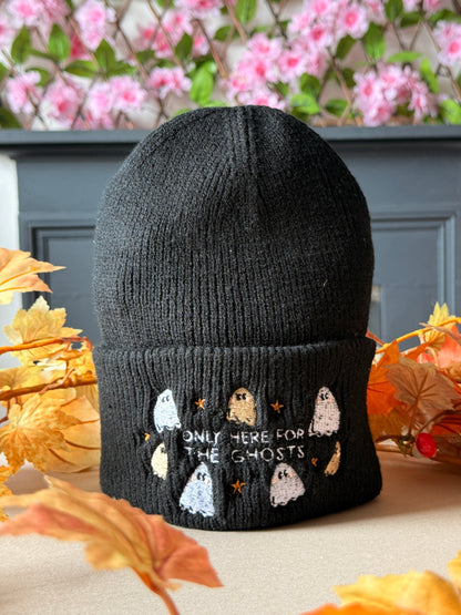 Only Here For The Ghosts Embroidered Beanie - Chunky Knit